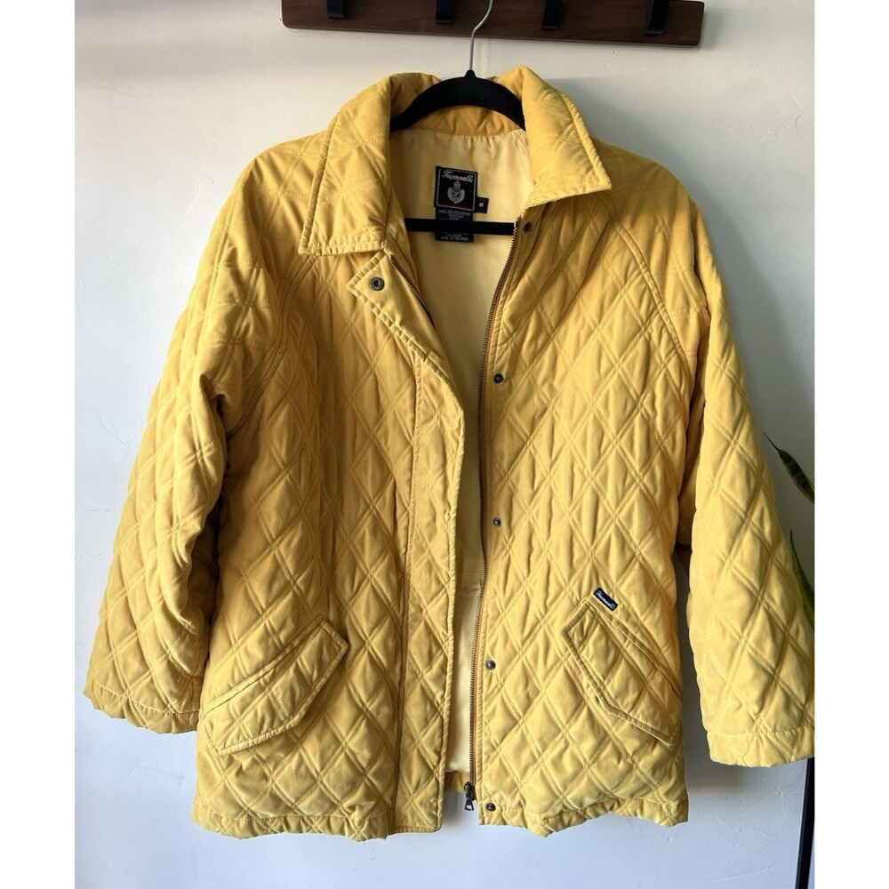 Façonnable Yellow Diamond Quilted Collared Jacket Button Zip Pockets Women's S
